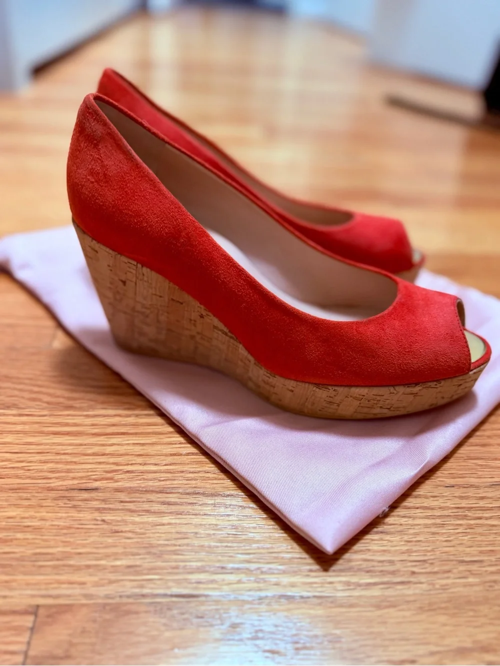 Stuart Weitzman Orange Suede Peep-Toe Platform Cork Wedges with Gold Accent